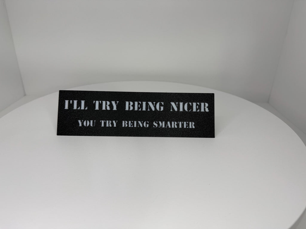 Funny Desk Plaque – “I’ll Try Being Nicer, You Try Being Smarter” – Sarcastic Office Decor, Gag Gift, Coworker Humor