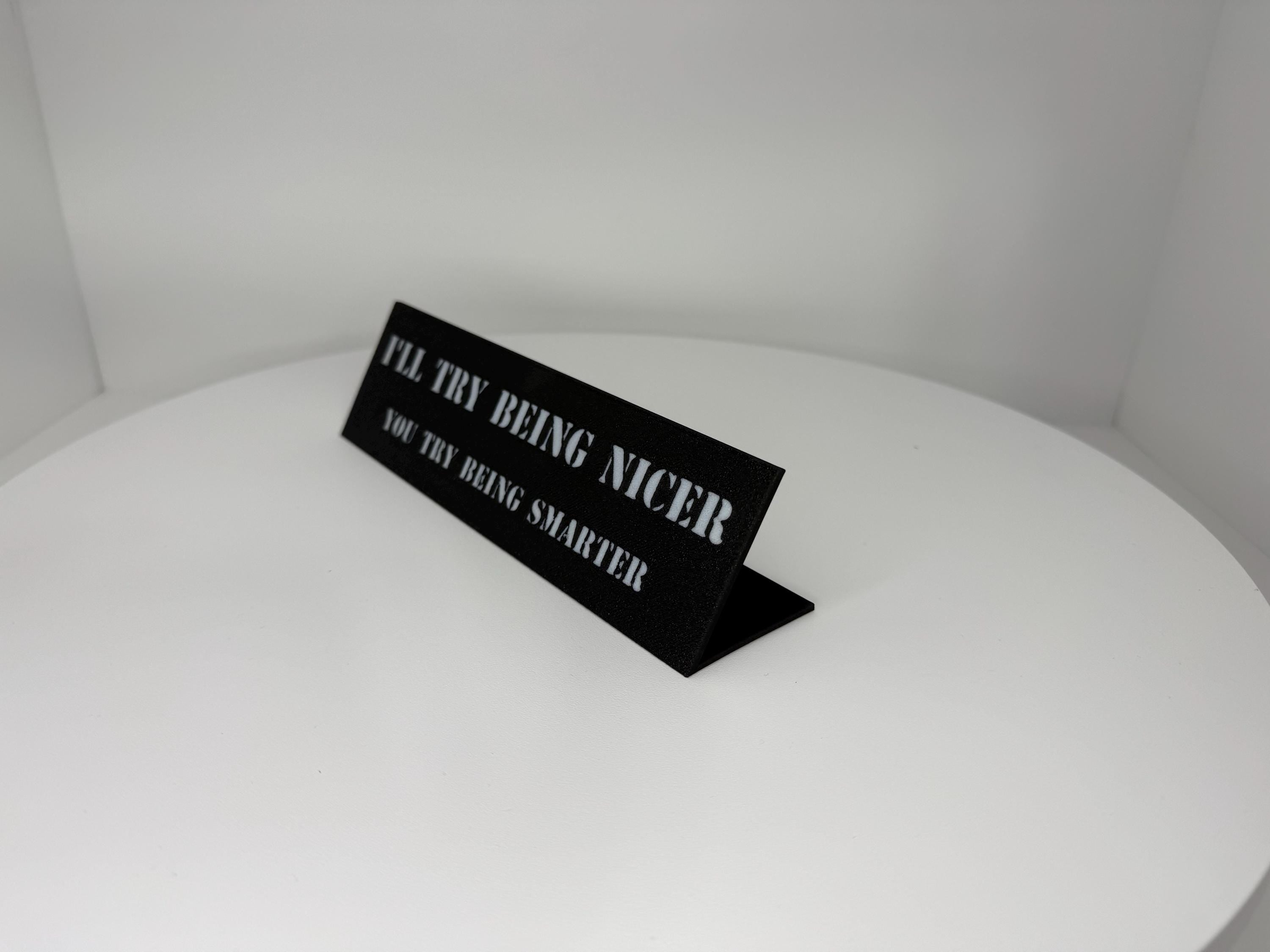 Funny Desk Plaque – “I’ll Try Being Nicer, You Try Being Smarter” – Sarcastic Office Decor, Gag Gift, Coworker Humor