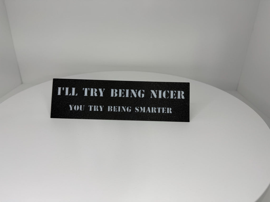 Funny Desk Plaque – “I’ll Try Being Nicer, You Try Being Smarter” – Sarcastic Office Decor, Gag Gift, Coworker Humor