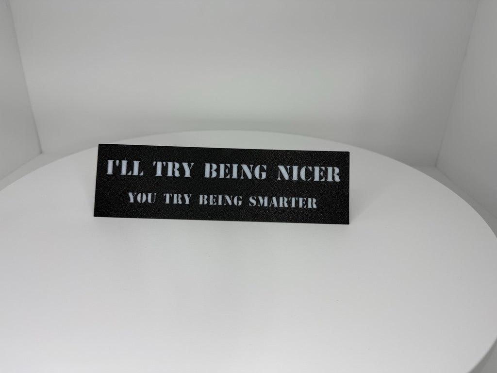 Funny Desk Plaque – “I’ll Try Being Nicer, You Try Being Smarter” – Sarcastic Office Decor, Gag Gift, Coworker Humor